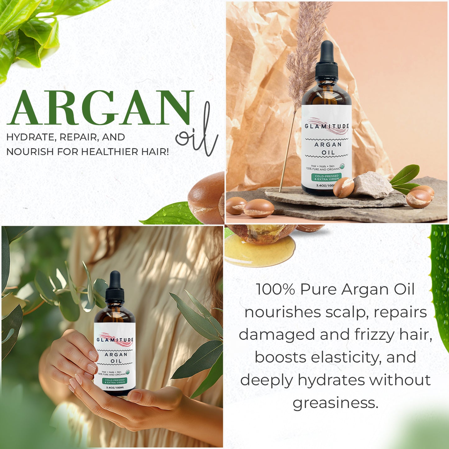 100% Pure Organic Argan Oil – Cold Pressed Moroccan Hair, Skin & Nail Treatment